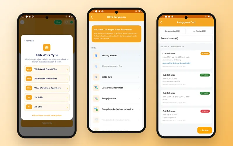 AdhiTech Mobile — Check-in schedule, HRIS menu and leave requests