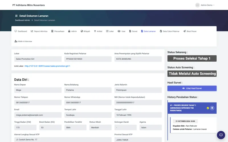 Company Profile & Job Portal — Application detail and status history
