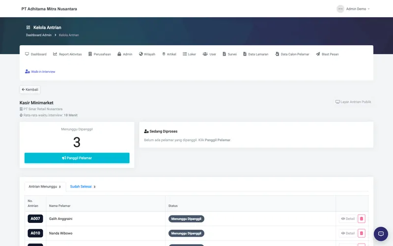 Company Profile & Job Portal — Walk-in interview queue