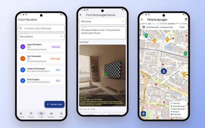 BPR System — تطبيق الجوال للمندوب: العملاء المحتملون ونموذج الزيارة بصورة GPS وخريطة الزيارات