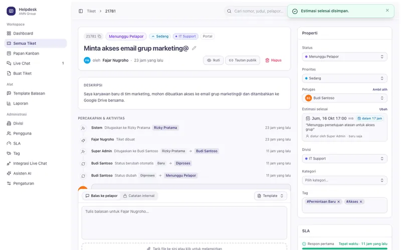 Helpdesk Ticketing — Ticket detail and activity