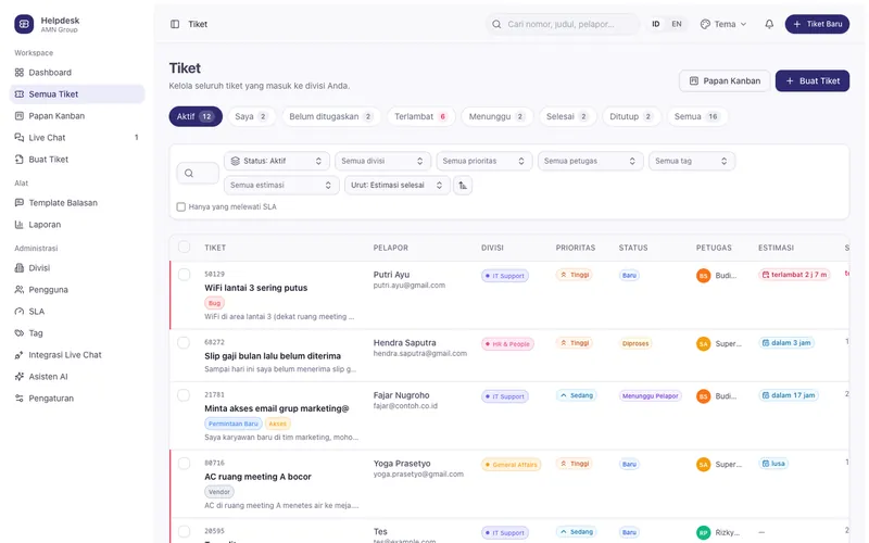 Helpdesk Ticketing — Ticket list with filters