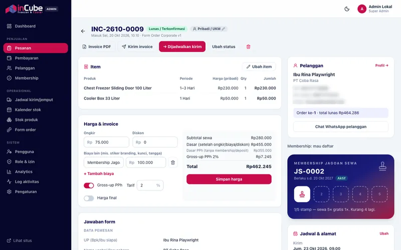 inCube Rental — Order detail with pricing and hold timer