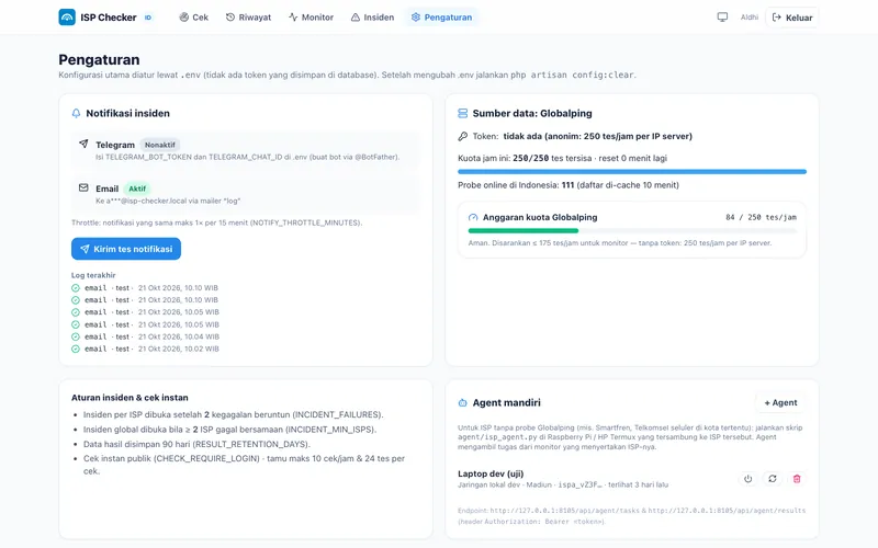 ISP Checker — الإشعارات والحصة والوكلاء