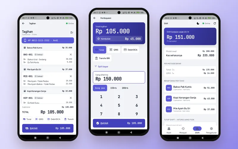 POS Terpusat — Aplikasi mobile kasir depan: satu tagihan dari beberapa toko, bayar tunai, rekap shift per toko