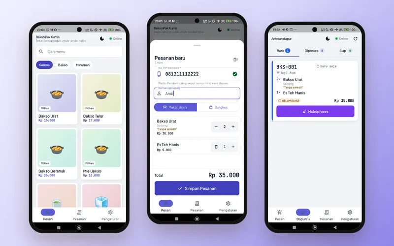 POS Terpusat — Aplikasi mobile kasir toko: menu, pesanan baru dengan No. HP pembeli, antrean dapur