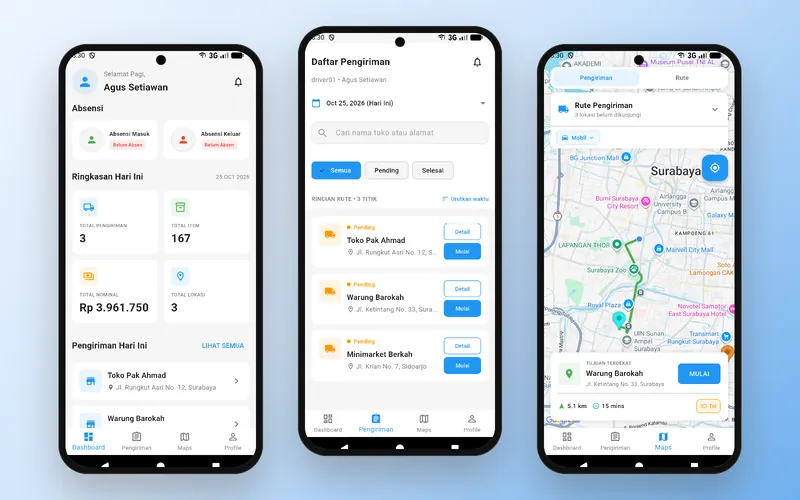 AdhiTrans TMS — Aplikasi driver: ringkasan hari ini, daftar pengiriman, dan peta rute ke tujuan terdekat