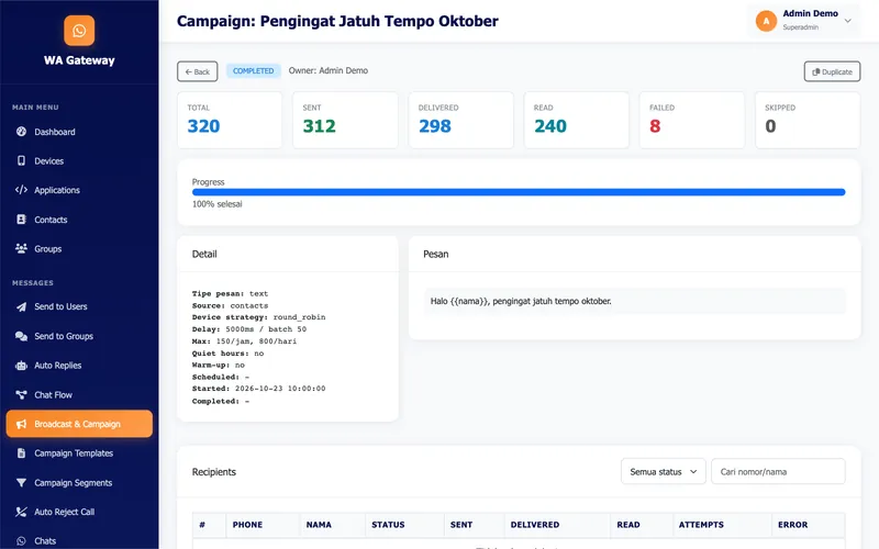 WhatsApp Gateway — Broadcast campaign