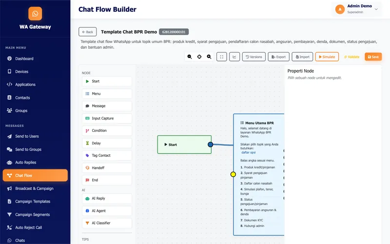 WhatsApp Gateway — Chat flow builder